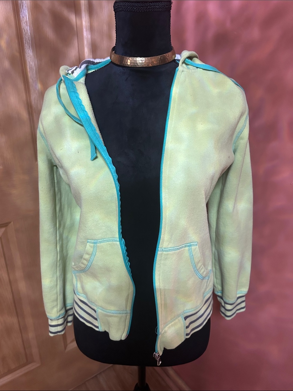 made for life Light Green Zip Hoodie with Turquoise Trim